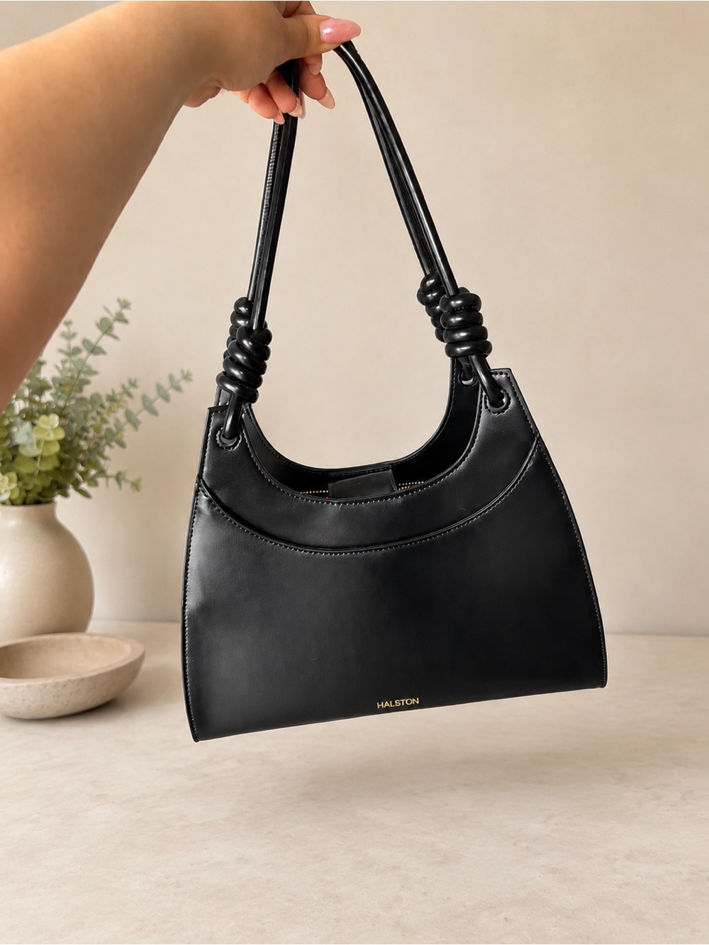 Halston Heritage Black Leather Knot-Handle Shoulder Bag